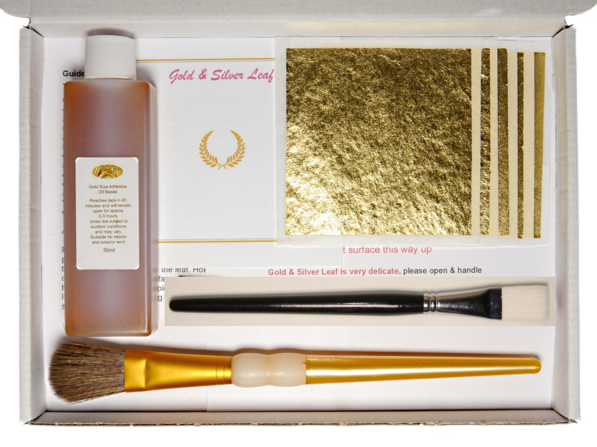 Gold Leaf Gilding Kit Genuine Gold 5 Sheets Oil Based Adhesive & Brushes, -  GOLD & SILVER LEAF